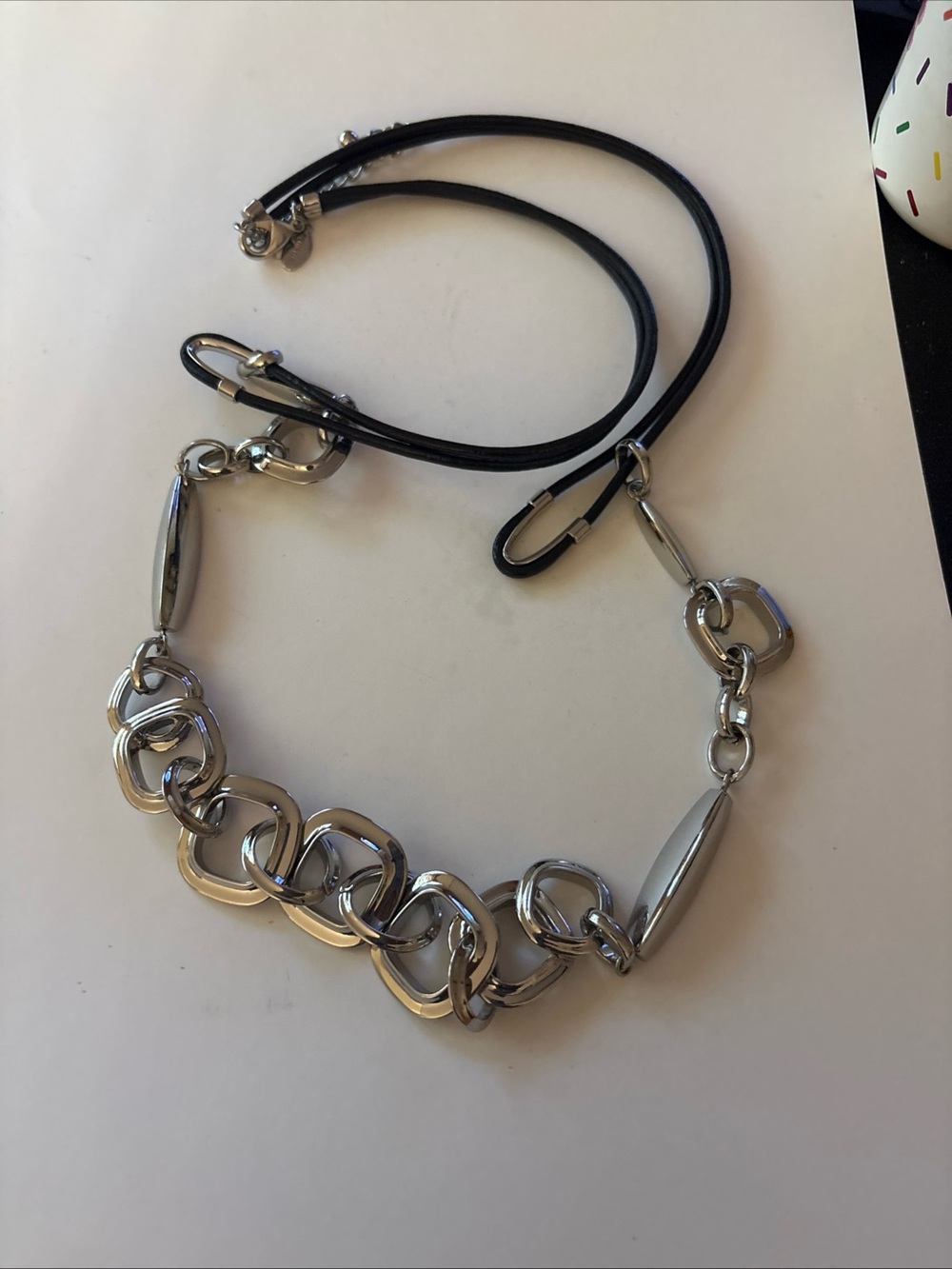Chico's Silver-Tone Chain Necklace with Black Cord Accent 34”